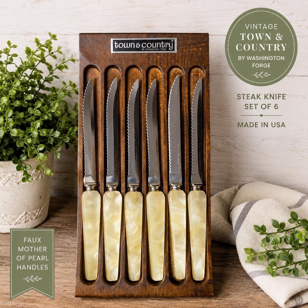 Vintage Washington Forge Town & Country Steak Knives Set 6 Wood Rack USA